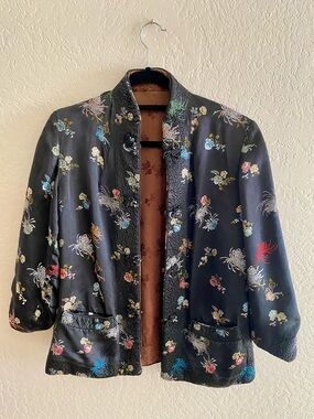 Floral Embroidered Black Satin Jacket